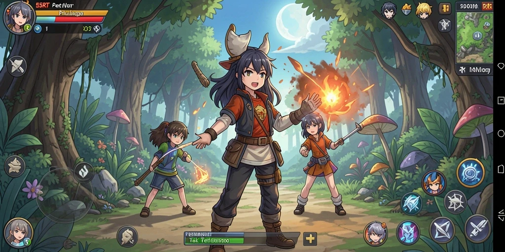 Tangkapan layar gameplay 55RT yang menampilkan karakter anime dan pertarungan seru.
