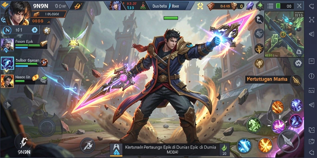 Screenshot menunjukkan aksi seru di gameplay MOBA 9N9N.