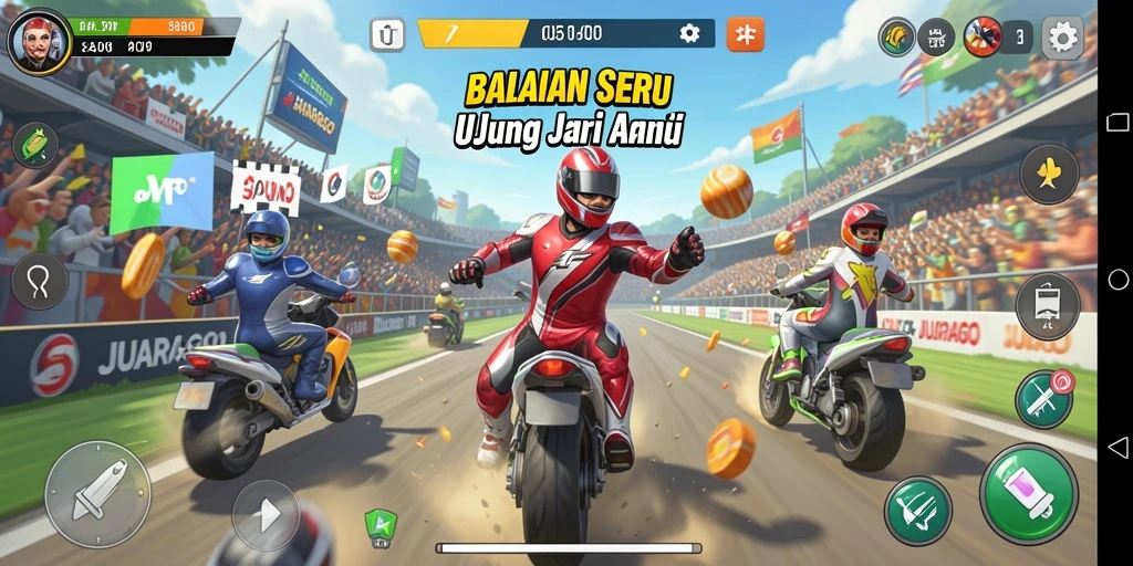 Tampilan gameplay JUARAGO dengan aksi balapan seru dan mobil berkecepatan tinggi.