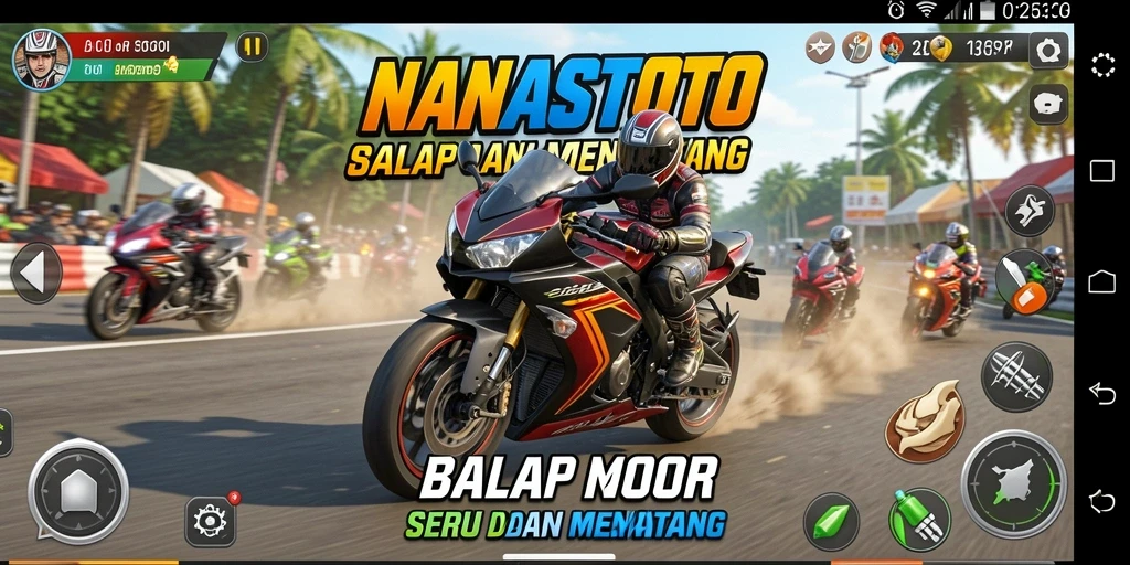 Screenshot gameplay NANASTOTO menampilkan motor balap di trek yang menantang.
