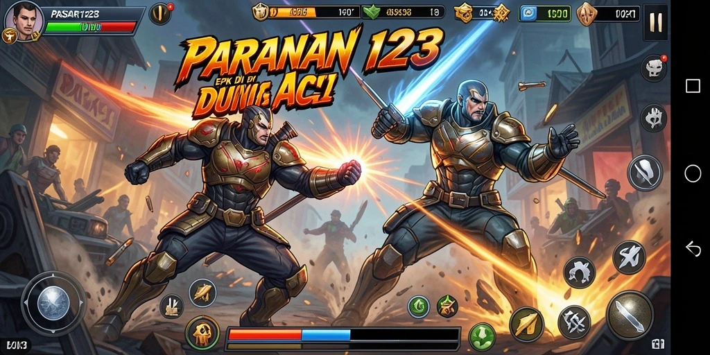 Screenshot utama PASAR123 menampilkan aksi pertarungan yang mendebarkan.