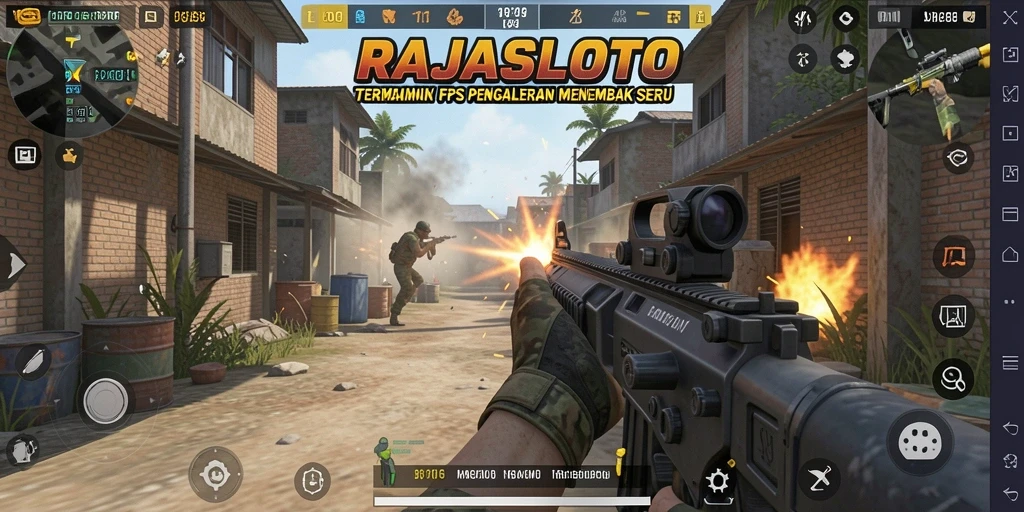 Tampilan screenshot RAJASLOTO menunjukkan aksi tembak-menembak yang mendebarkan.