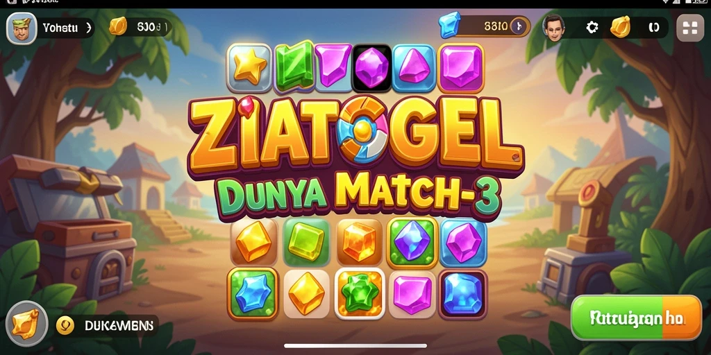 Screenshot utama ZIATOGEL menampilkan momen mencocokkan batu permata yang seru.